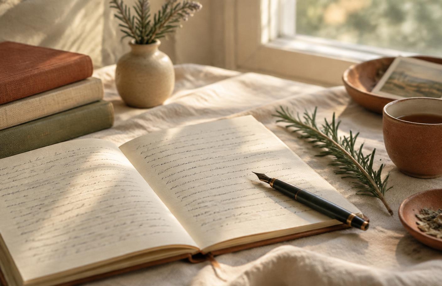 An open handwritten notebook and fountain pen in warm window light